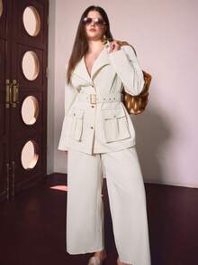 Sollinarry Women's Spring New Solid Color Long Sleeve Belted Top Jacket And Wide Leg Pants 2-Piece Set, Suitable For Office Wear, Plus Size Elegant - Gray Apricot - View 3