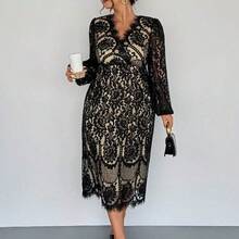 Plus Size Elegant Casual Lace Patchwork Elastic Long Sleeve Midi Dress, Suitable For Office, Resort Wear Spring Wedding Dress For Women - Negro - Ver 7