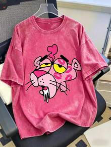 Camisetas gráficas para hombre con estampado retro de collage de cómics Pi nk Pa nt her, camisetas gráficas con estilo graffiti callejero, ropa de hombre de algodón puro agradable para la piel, camiseta informal versátil de silueta holgada y transpirable. - Rojo rosa lavado 02 - Ver 1