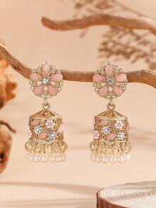1 Pair Elegant Earrings, Fashion Rhinestone Flower Earrings With Bell And Faux Pearl Tassel Cylindrical Eardrops, Bollywood Style Jewelry Suitable For Women And Girls For Daily Wear, Festivals, Weddings And Parties/Jewelry Gift - Fashion - View 6