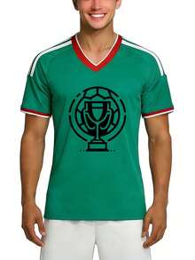 Camiseta de Estilo Deportivo Casual para la Temporada de Fútbol 2026, Diseño de Trofeo y Balón de Fútbol, Jersey con Cuello en V, Camiseta de Fútbol para Hombres y Regalos de Primavera Verano - Verde - Ver 2
