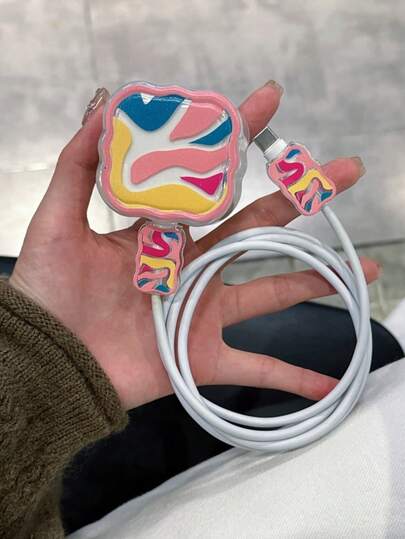 3pcs Colorful Graffiti Charging Cable Protector Set, Suitable For 20W UK Standard Apple Fast Charger, Prevent Damage