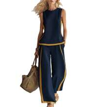 Light Blue Linen Sleeveless Top & Wide Leg Pants Set With Yellow Trim, Casual Summer Two-Piece FitBreathable - Green - View 6