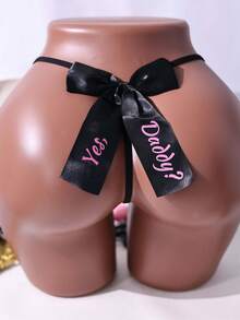 1 pieza Tanga sexy con letras de strass caladas, lencería erótica de cintura baja - Negro - Ver 3