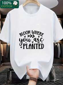 Women's Graphic Tee 'BLOOM WHERE YOU ARE PLANTED' - Stylish White Cotton Tee With Decorative Heart And Arrow Symbols, Perfect For Casual Wear And Everyday Use. Lightweight And Breathable Fabric For Comfort. 100% Cotton. A Perfect Addition To Your Wardrobe. - 白色 - 查看 1