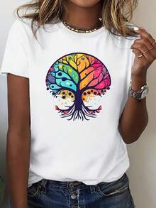 Camiseta de árbol de la vida de las mujeres de 1 pieza - diseño de nudo bohemio multicolor vibrante, cómodo cuello de tripulación corto Sve, ropa casual de toda la temporada, arte simbólico del árbol de la vida con colores inspirados en el chakra (Roo a la corona) - Festival y Outfi diario, Gifdea espiritual para las mujeres - tela transpirable, ajuste relajado, patrón geométrico, cuello redondo corto Sve, moda de verano, listo para el festival, yo para casuutings y especial incluso, símbolo del árbol de la vida en rosa, camiseta del árbol de la vida - Blanco - Ver 2