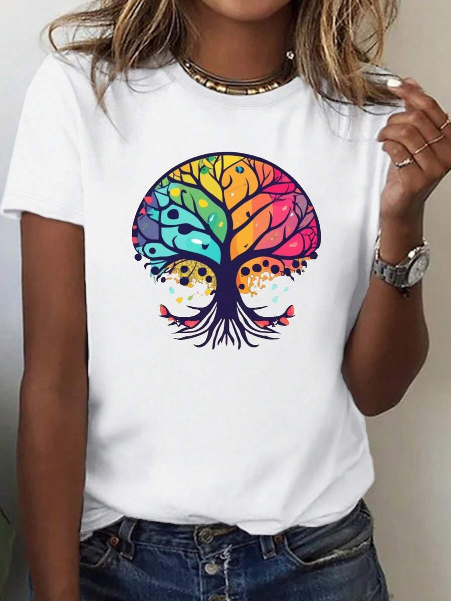 Camiseta de árbol de la vida de las mujeres de 1 pieza - diseño de nudo bohemio multicolor vibrante, cómodo cuello de tripulación corto Sve, ropa casual de toda la temporada, arte simbólico del árbol de la vida con colores inspirados en el chakra (Roo a la corona) - Festival y Outfi diario, Gifdea espiritual para las mujeres - tela transpirable, ajuste relajado, patrón geométrico, cuello redondo corto Sve, moda de verano, listo para el festival, yo para casuutings y especial incluso, símbolo del árbol de la vida en rosa, camiseta del árbol de la vida