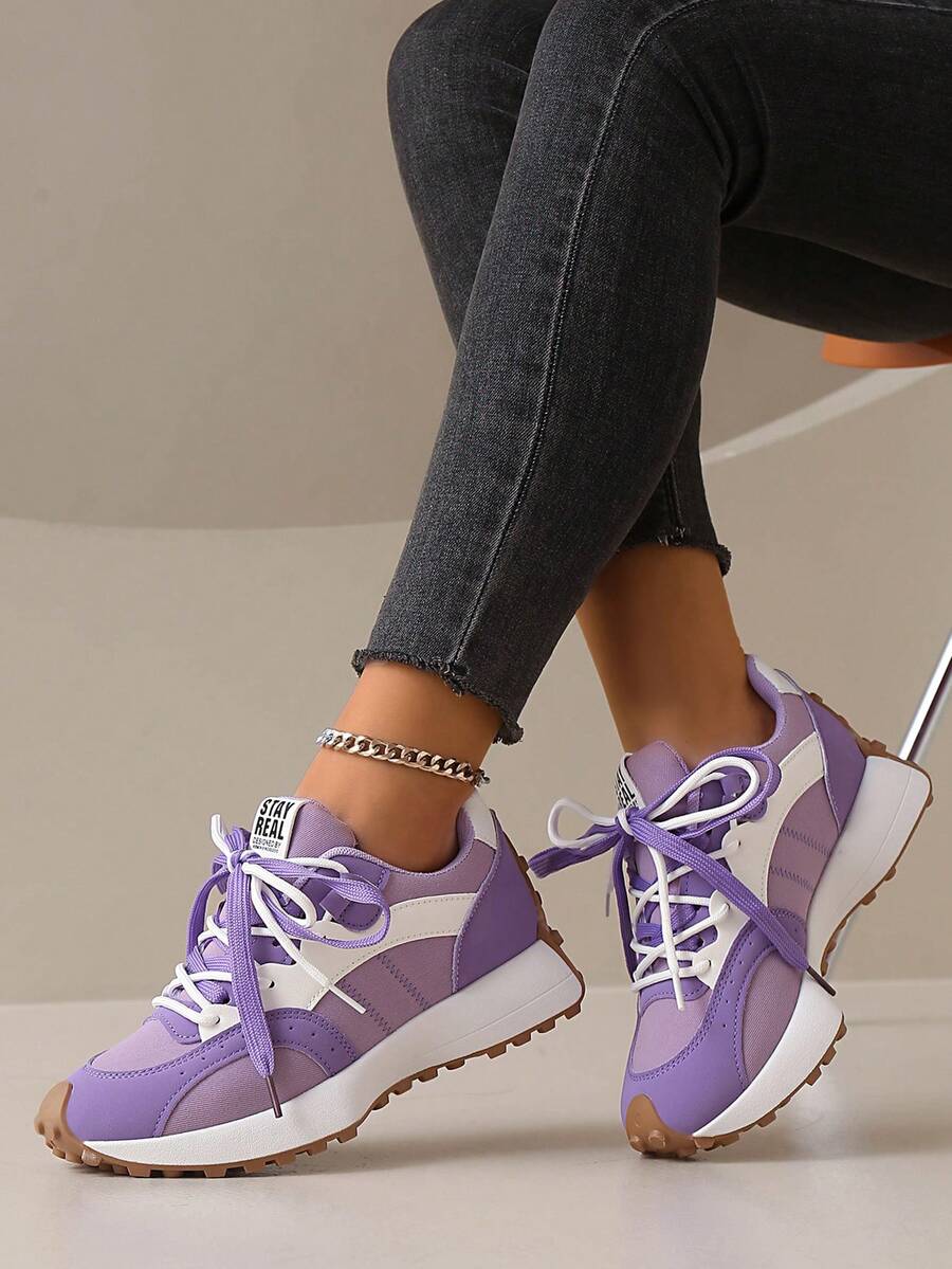 Giày thể thao nữ đế dày mới năm 2026, giày sneaker buộc dây kiểu dáng chunky, giày đế cao thoáng khí cho mùa xuân/hè, thiết kế phối màu. - Màu tím hoa cà - Xem 1