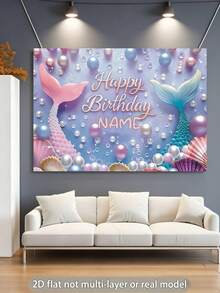 1pc Customizable Mermaid Theme Happy Birthday Backdrop, Gradient Mermaid Tail Colorful Faux Pearl Shell Design, Personalized Name Mermaid Theme Birthday Party Cake Smash Photography Decoration Vinyl Banner, Aesthetic, For Girls, Birthday Gift - Multicolor - View 4