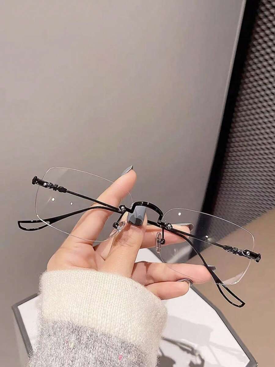 1pc Metal Rimless Rectangular Small Frame, Elegant And Sophisticated For Daily Commute, Minimalist Classic Fashion Glasses, Ultra-Light And Comfortable To Wear - Black - View 1