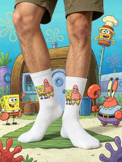 SpongeBob SquarePants 1双男士白色卡通海洋生物印花中筒袜，趣味休闲，适合日常穿着，四季皆宜