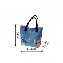 Disney Stitch & Angel Canvas Tote Bag, Blue Sketch Background Shoulder Bag For Daily Use - Black - View 6