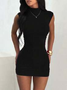 1 pieza Vestido de verano de cuello alto plisado y elástico de unicolor, negro, adecuado para el Día de San Valentín, fiestas elegantes, playa, boda, graduación, cumpleaños y otras ocasiones, vestido mini elegante, ropa casual, vestido corto de mujer, vestido de mujer primaveral lindo - Negro - Ver 5