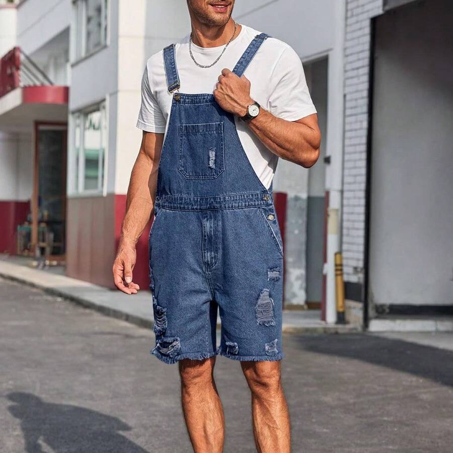 2026 Hot  Men's Distressed Denim Bib Overall Shorts - Relaxed Fit, Knee-Length, Multi-Pocket Design | Non-Stretch Woven Denim Fabric, Casual Style, Machine Washable & Dry Cleanable, Summer Casual Wear - 藍色 - 查看 1
