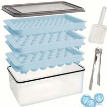 3-Piece Freezer Ice Trays With Lids And Containers, Round Ice Maker, Easy-Unmold, 2Ice Trays (1.14in) And 1 Ice Tray (0.55in), For Chilling Beverages And Coffee (Comes With 3 Trays, 1 Freezer, 1 Spoon, And 1 Tong - Blue). - Xem 1