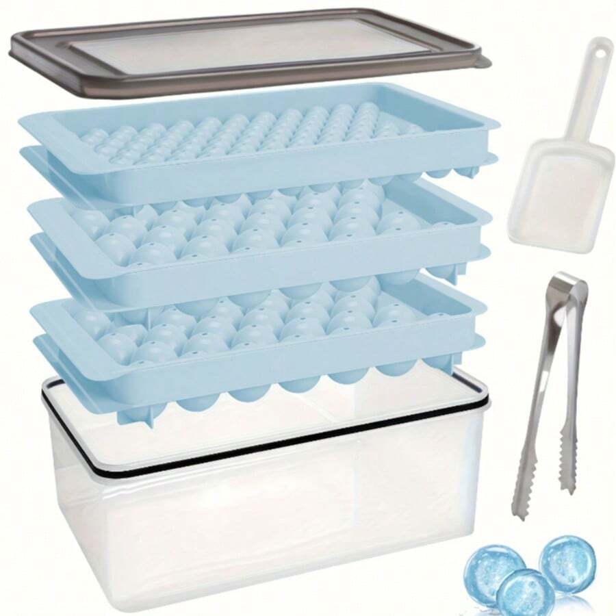3-Piece Freezer Ice Trays With Lids And Containers, Round Ice Maker, Easy-Unmold, 2Ice Trays (1.14in) And 1 Ice Tray (0.55in), For Chilling Beverages And Coffee (Comes With 3 Trays, 1 Freezer, 1 Spoon, And 1 Tong - Blue). - Xem 1