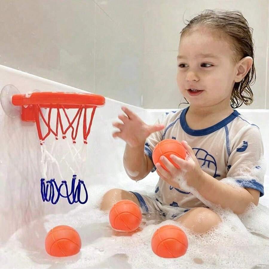 1 Set Baby Bath Toys Basketball Hoop, Suction Cup Bathroom Basketball Hoop Frame, Indoor Mini Basketball Hoop Bathtub Toys For Infants & Kids, 3 Balls Included - Multicolor - View 1