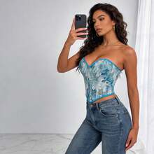 1 chiếc áo corset bustier dệt jacquard lấy cảm hứng từ tranh vẽ, kiểu dáng cổ điển Pháp với xương cá, thích hợp cho những buổi hẹn hò sang trọng, kỳ nghỉ hè. - Màu xanh lam - Xem 2