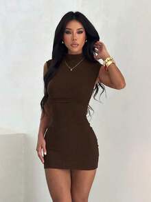 1 pieza Vestido de verano de cuello alto plisado y elástico de unicolor, negro, adecuado para el Día de San Valentín, fiestas elegantes, playa, boda, graduación, cumpleaños y otras ocasiones, vestido mini elegante, ropa casual, vestido corto de mujer, vestido de mujer primaveral lindo - Marrón - Ver 2