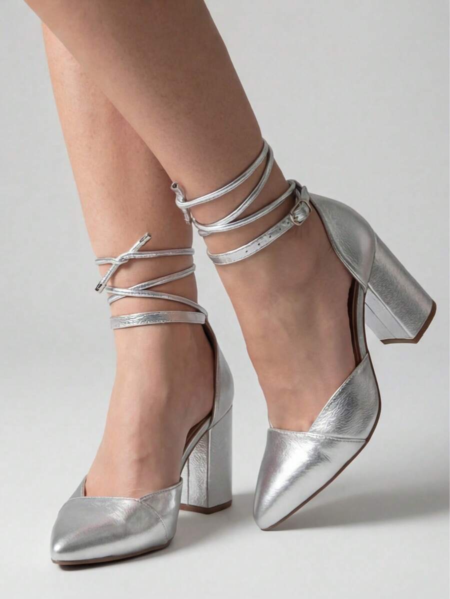 MODARPE Medium Block Heel Pointed Toe Pump S05 - Silver - View 1