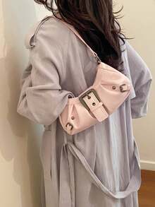 1个女士复古朋克铆钉装饰可调节肩带大容量柔软仿油皮渐变色单肩腋下包，适合工作、通勤、约会、派对等场合。 - 粉色 - 查看 4