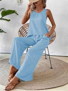 Conjunto de top sin mangas y pantalones de pierna ancha con parte posterior de malla de encaje para mujer, color albaricoque, para primavera/verano - Celeste - Ver 3