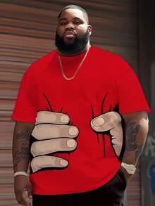 1pc Plus Size Men's Summer Casual Round Neck T-Shirt, Funny 3D Hand Print In Red, Comfortable Breathable Easy-Care, Suitable For Sports - Multicolor - View 1