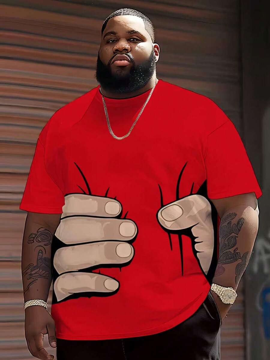 1pc Plus Size Men's Summer Casual Round Neck T-Shirt, Funny 3D Hand Print In Red, Comfortable Breathable Easy-Care, Suitable For Sports - Multicolor - View 1