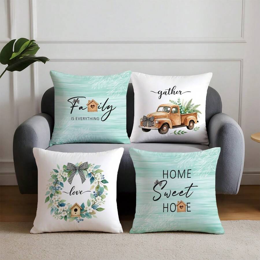 Bộ 4 vỏ gối trang trí họa tiết vòng hoa màu nước tối giản, in một mặt, chất liệu nhung mềm mại màu đào, kích thước 45*45CM, thích hợp trang trí nhà cửa, phòng ngủ, phòng khách, tiệc tùng, ngày lễ, gối tựa sofa, quà tặng (không kèm ruột gối). - Nhiều màu-4 cái - Xem 1