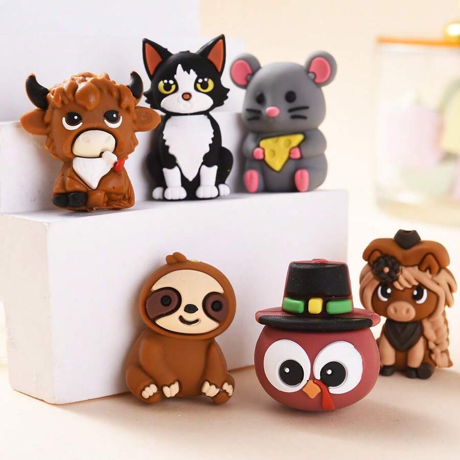 3颗动物造型硅胶珠，3D奶牛/猫/老鼠造型，可用于DIY手链、项链、包包挂饰及其他手工项目 - 彩色 - 查看 1