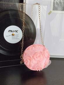 Bolso de mano redondo con flores de encaje 3D de moda, bolso cruzado de hombro con cadena multiusos y único - Rosa - Ver 9