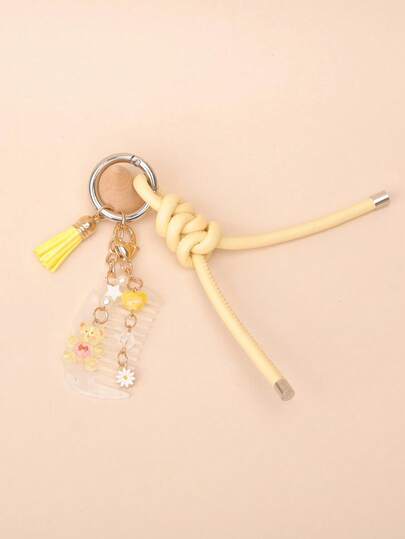 1pc Women's Fashion Versatile PU Leather Lanyard, Resin Faux Cute Cartoon Glitter Bear Pendant, Daisy Beaded Tassel Keychain, Practical Hair Comb Bag Charm Accessories Keychains Birthday Gift Charms