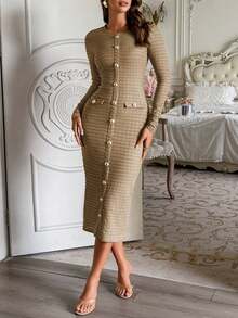 Đầm midi dệt kim vải tweed màu kaki thanh lịch của Unadoll dành cho nữ, tay dài, cài cúc vàng, dáng ôm sát, xẻ tà sau, thích hợp cho công sở và tiệc tùng. - Màu Khaki - Xem 11