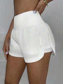 Shorts deportivos de verano de cintura alta con dobladillo dividido de unicolor - Negro - Ver 6