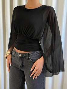 Women's Solid Color Round Neck Pleated Casual Versatile Daily Wear T-Shirt - màu đen - Xem 1