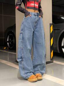 Jeans tipo barrel para mujer con diseño de múltiples bolsillos - Lavado ligero - Ver 3