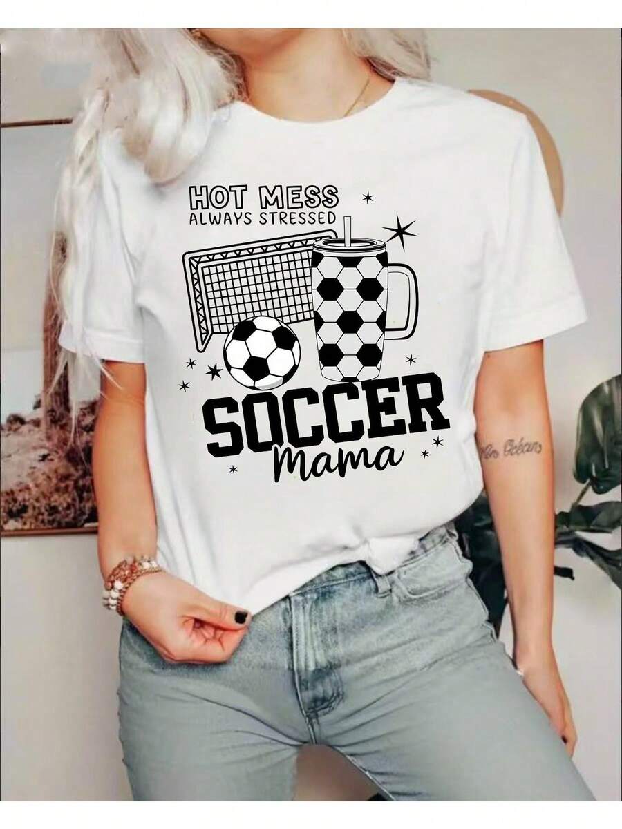 Camiseta de mujer con estampado de fútbol 2026, top de verano casual de moda con cuello redondo y manga corta, dulce camiseta con estampado de dibujos animados transpirable, ropa casual diariara exteriores