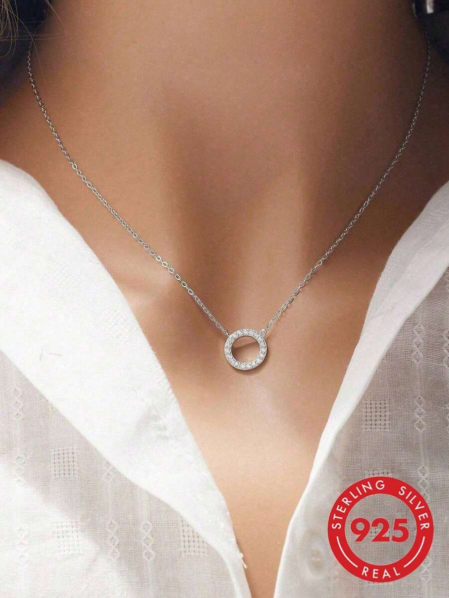 1件925纯银立方氧化锆小圆吊坠项链，精致珠宝，女士礼物
