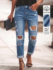 Women's Casual Distressed Mid-Waist Pockets Jeans, Minimalist European And American Style Spring - Medium Wash - View 1