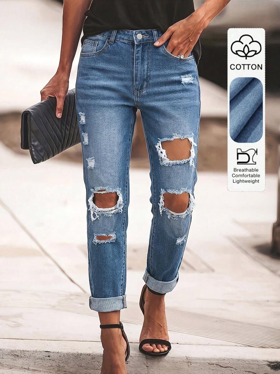 Women's Casual Distressed Mid-Waist Pockets Jeans, Minimalist European And American Style Spring - Medium Wash - View 1