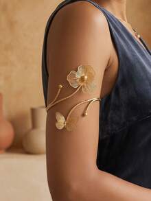 1pc Fashionable Elegant Floral & Butterfly Arm Cuff, Niche Design Metal Arm Ornament, Luxury High-End Arm Accessory Suitable For Daily Wear, Date, Party, Beach, Photo Shoot - Gold - View 1
