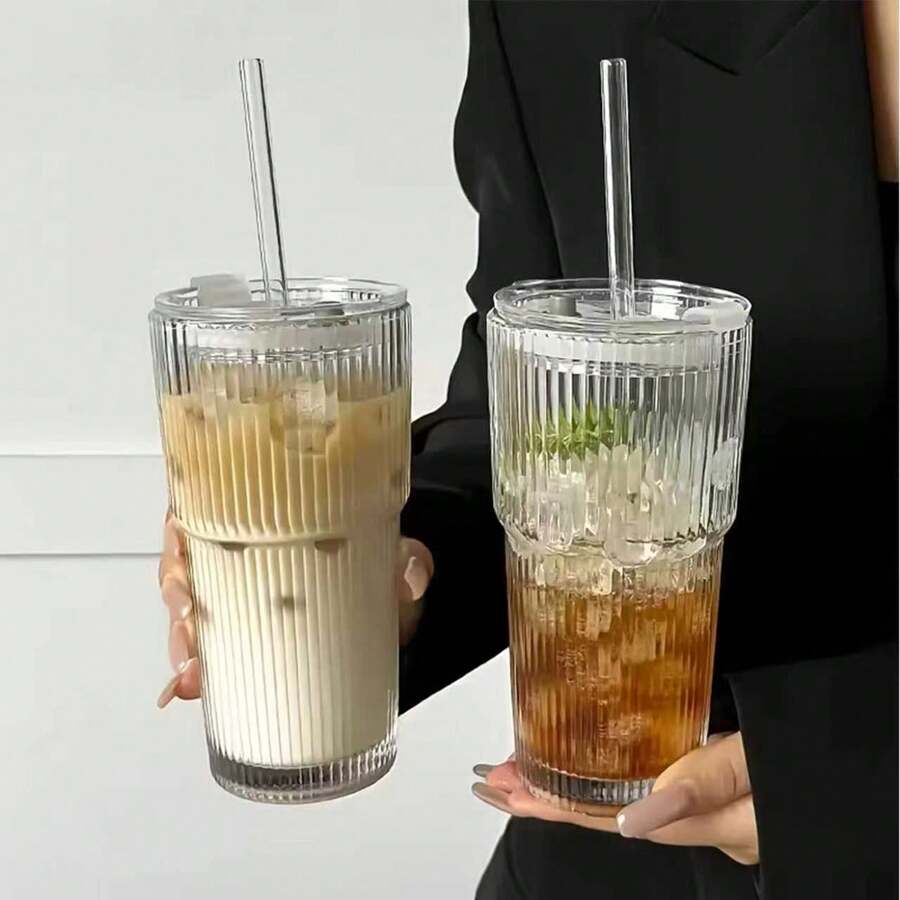 一套条纹吸管杯,带盖,便携简约风格水瓶,竖条纹设计,可重复使用的高品质咖啡果汁杯,多功能饮料容器,适合居家、办公、海滩、各种聚会场合,也适合盛装咖啡、茶、威士忌、牛奶、冰美式和拿铁。 - 透明 - 查看 1