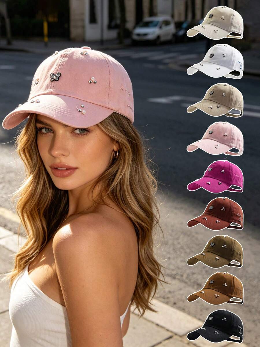 1pc Black Rhinestone Butterfly & Pearl Embroidered Letter Design Adjustable Baseball Cap, Cute & Versatile Sun Hat For Daily Wear, Commute And Outdoor Activities - Baseball Cap - View 1