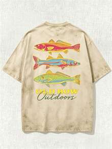Men's Casual Summer Washed Cotton T-Shirt Old Row Outdoor Fish Print, Round Neck Short Sleeve Lightweight Knitted Fabric, Rib Details 100% Cotton - 米色 - 查看 2