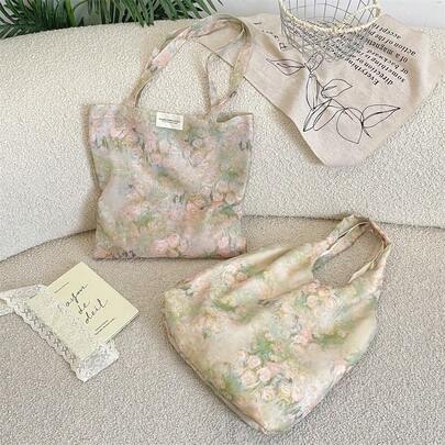 1PC Summer Vacation Oil Painting Canvas Bag, Large Capacity Rose Shoulder Tote Bag, Shopping Handbag