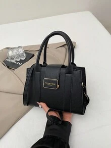 黑色压纹皮革手提包，配金色金属搭扣和可拆卸肩带，翻盖设计，简约办公风格 - 黑色 - 查看 2