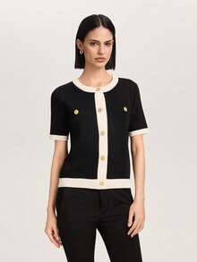Women's Contrast Color Short Sleeve Single-Breasted Knit Cardigan - Black and White - View 6