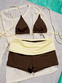 Women's Swimsuit Bikini,Brown Yellow Bikini Casual Pilates Set Beachwear/Gym Swimshorts Going Out Outfits/Casual/Y2k/Streetwear/Vacation Summer Outfit - Brownish-yellow - View 9