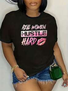 Camiseta de Talla Grande con Estampado de Letras - Negro - Ver 2