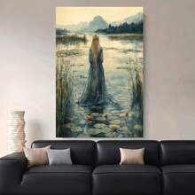Enmarcado lámina enmarcada de la mitología celta de la diosa del agua - 30,48 x 40,64 cm (0,9" x 16") Marco de  reciclada Lienzo envolvente - Pintura folclórica de mujer etérea Ideal para sala de estar, dormitorio, oficina - Decoración de pared mística con temática de la naturaleza y obra de arte espiritual - Enmarcado - Ver 3